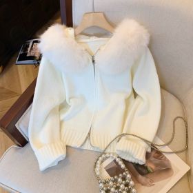 Double Zipper Fur Collar Stitching Design Sense Hooded Knit Cardigan (Option: Milky White-M)
