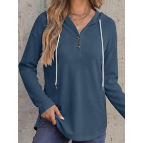 Womens V-neck Hooded Loose-fit Waffle-knit Hoodie (Option: Sea Blue-M)