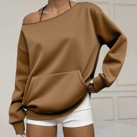 Fashionable Pullover Crew-Neck Off-Shoulder Sweatshirt For Women (Option: Coffee-M)
