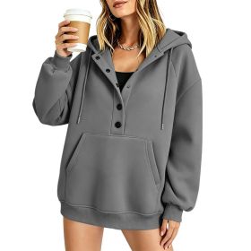 Women's Casual Solid-color Loose-fit Long-sleeve Hooded Sweatshirt With Pockets (Option: Dark Gray-M)