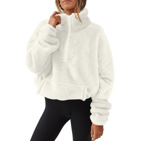 European And American Velvet Fleece-lined Women's Half Zipped Stand Collar Sweater (Option: White-M)