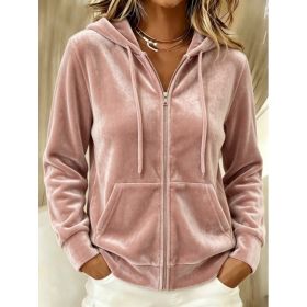 Solid Color Hoodie With Drawstrings Long-sleeve Zipper Sweater (Option: Pink-M)