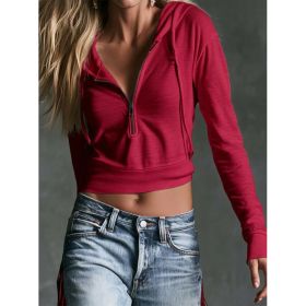 Hooded V-neck Zipper Crop Top Womens Sweatshirt (Option: Wine Red-M)