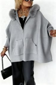 Ins Plush Hooded Cardigan Fashion Warm Pockets Zip-up Knitted Jacket Casual Outerwear Batwing Sleeve Sweater Women's Clothing (Option: Gray-M)