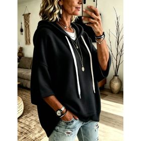 Womens Loose-fitting Hooded Top With Three-quarter Sleeves (Option: Black-M)