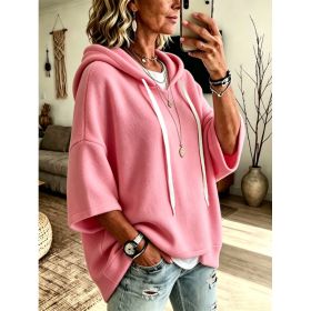 Womens Loose-fitting Hooded Top With Three-quarter Sleeves (Option: Pink-M)