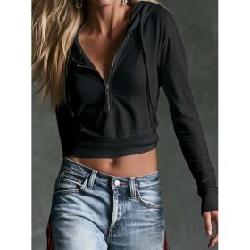 Hooded V-neck Zipper Crop Top Womens Sweatshirt (Option: Black-M)