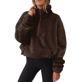 European And American Velvet Fleece-lined Women's Half Zipped Stand Collar Sweater (Option: Brown-M)