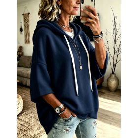 Womens Loose-fitting Hooded Top With Three-quarter Sleeves (Option: Navy Blue-M)