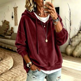 Womens Casual Solid-Color Hooded Long-Sleeve Top With Drawstring (Option: Dark Red-M)