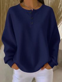 Ins Waffle Long-sleeved T-shirt Fashion Solid Color Buttons Round Neck Pullover Top Women's Clothing (Option: Dark Blue-M)