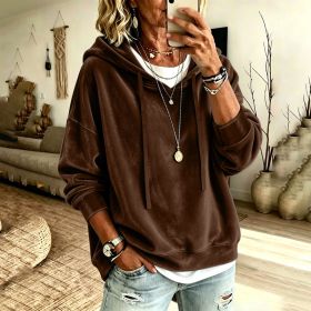 Womens Casual Solid-Color Hooded Long-Sleeve Top With Drawstring (Option: Brown-3XL)