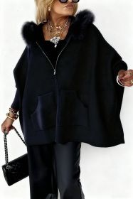 Ins Plush Hooded Cardigan Fashion Warm Pockets Zip-up Knitted Jacket Casual Outerwear Batwing Sleeve Sweater Women's Clothing (Option: Black-L)