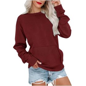 Women's Pin Solid Color Round Neck Loose Long-sleeved Sweater (Option: Wine red-XXL)