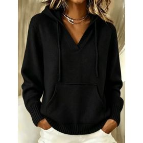 Kangaroo Pocket Knitted Hooded Drawstring Sweatshirt (Option: Black-L)