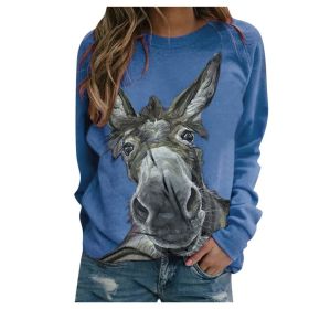Loose Round Neck Donkey Head Floral Print Long Sleeve Pullover (Option: Blue-XL)