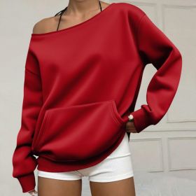 Fashionable Pullover Crew-Neck Off-Shoulder Sweatshirt For Women (Option: Red-3XL)