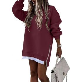 Fall Winter Fashion Stitching Side Zipper Design Pullover Sweater For Women (Option: Wine Red-XL)