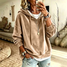 Womens Casual Solid-Color Hooded Long-Sleeve Top With Drawstring (Option: Khaki-3XL)
