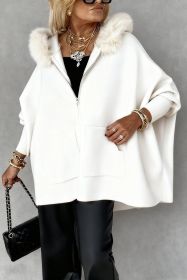 Ins Plush Hooded Cardigan Fashion Warm Pockets Zip-up Knitted Jacket Casual Outerwear Batwing Sleeve Sweater Women's Clothing (Option: White-XS)