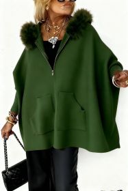 Ins Plush Hooded Cardigan Fashion Warm Pockets Zip-up Knitted Jacket Casual Outerwear Batwing Sleeve Sweater Women's Clothing (Option: Green-L)