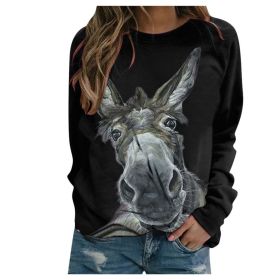 Loose Round Neck Donkey Head Floral Print Long Sleeve Pullover (Option: Black-XL)