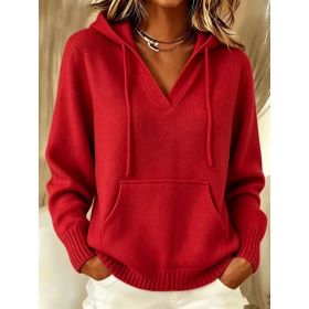 Kangaroo Pocket Knitted Hooded Drawstring Sweatshirt (Option: Red-5XL)