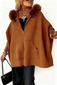 Ins Plush Hooded Cardigan Fashion Warm Pockets Zip-up Knitted Jacket Casual Outerwear Batwing Sleeve Sweater Women's Clothing (Option: Brown-L)