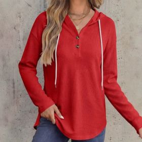 Womens V-neck Hooded Loose-fit Waffle-knit Hoodie (Option: Red-2XL)