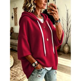 Womens Loose-fitting Hooded Top With Three-quarter Sleeves (Option: Red-1XL)