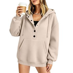 Women's Casual Solid-color Loose-fit Long-sleeve Hooded Sweatshirt With Pockets (Option: Khaki-L)