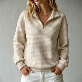 Loose-fit Waffle-knit Stand-collar Zip-up Long-sleeve Womens Sweatshirt (Option: Khaki-XL)