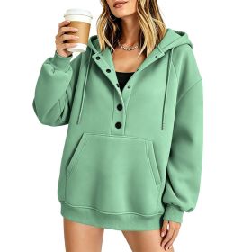 Women's Casual Solid-color Loose-fit Long-sleeve Hooded Sweatshirt With Pockets (Option: Green-L)