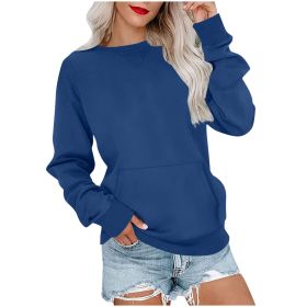 Women's Pin Solid Color Round Neck Loose Long-sleeved Sweater (Option: Sapphire Blue-XXL)