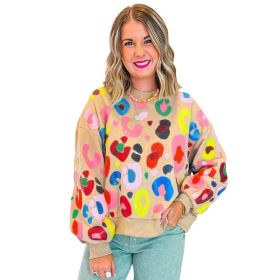 Winter Leopard Print Printed Crew Neck Sweatshirt (Option: Khaki-XL)