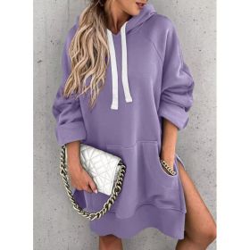 Women's Hooded Sweatshirt With Pockets Fashion Casual Split Mid-length Sweater Drawstring Tops (Option: Purple-XL)