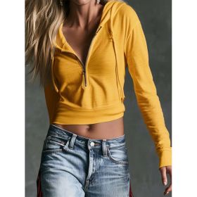Hooded V-neck Zipper Crop Top Womens Sweatshirt (Option: Yellow-XXL)
