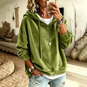 Womens Casual Solid-Color Hooded Long-Sleeve Top With Drawstring (Option: Yellow Green-3XL)