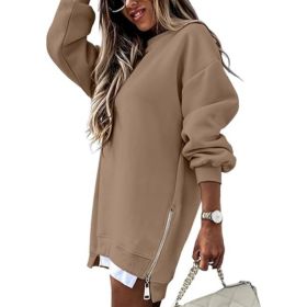 Fall Winter Fashion Stitching Side Zipper Design Pullover Sweater For Women (Option: Khaki-XXL)