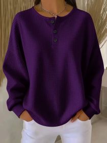 Ins Waffle Long-sleeved T-shirt Fashion Solid Color Buttons Round Neck Pullover Top Women's Clothing (Option: Purple-3XL)