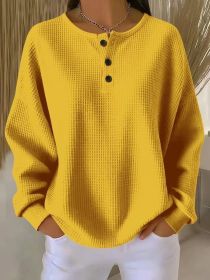 Round Neck Waffle Solid Color Pullover Loose Top (Option: Yellow-3XL)