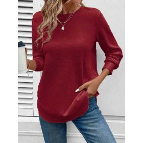 Women's Solid Color Round Neck Loose Stylish Sweatshirt (Option: Wine Red-5XL)