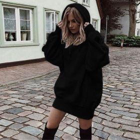 Women's Solid Color Pullover Hooded Loose Fleece Sweater (Option: Black-3XL)
