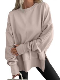 Fashion Casual Round Neck Pullover Loose Sports Long-sleeved Sweater (Option: Light Khaki-L)