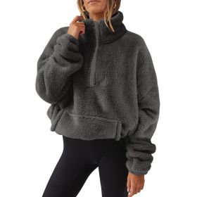 European And American Velvet Fleece-lined Women's Half Zipped Stand Collar Sweater (Option: Dark Gray-L)