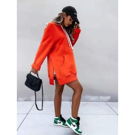 Women's Hooded Sweatshirt With Pockets Fashion Casual Split Mid-length Sweater Drawstring Tops (Option: Orange-L)