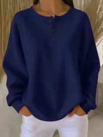 Ins Waffle Long-sleeved T-shirt Fashion Solid Color Buttons Round Neck Pullover Top Women's Clothing (Option: Dark blue-5XL)