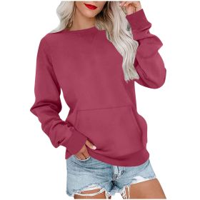Women's Pin Solid Color Round Neck Loose Long-sleeved Sweater (Option: Rouge Color-XXL)