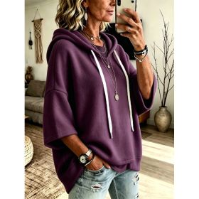 Womens Loose-fitting Hooded Top With Three-quarter Sleeves (Option: Purple-L)